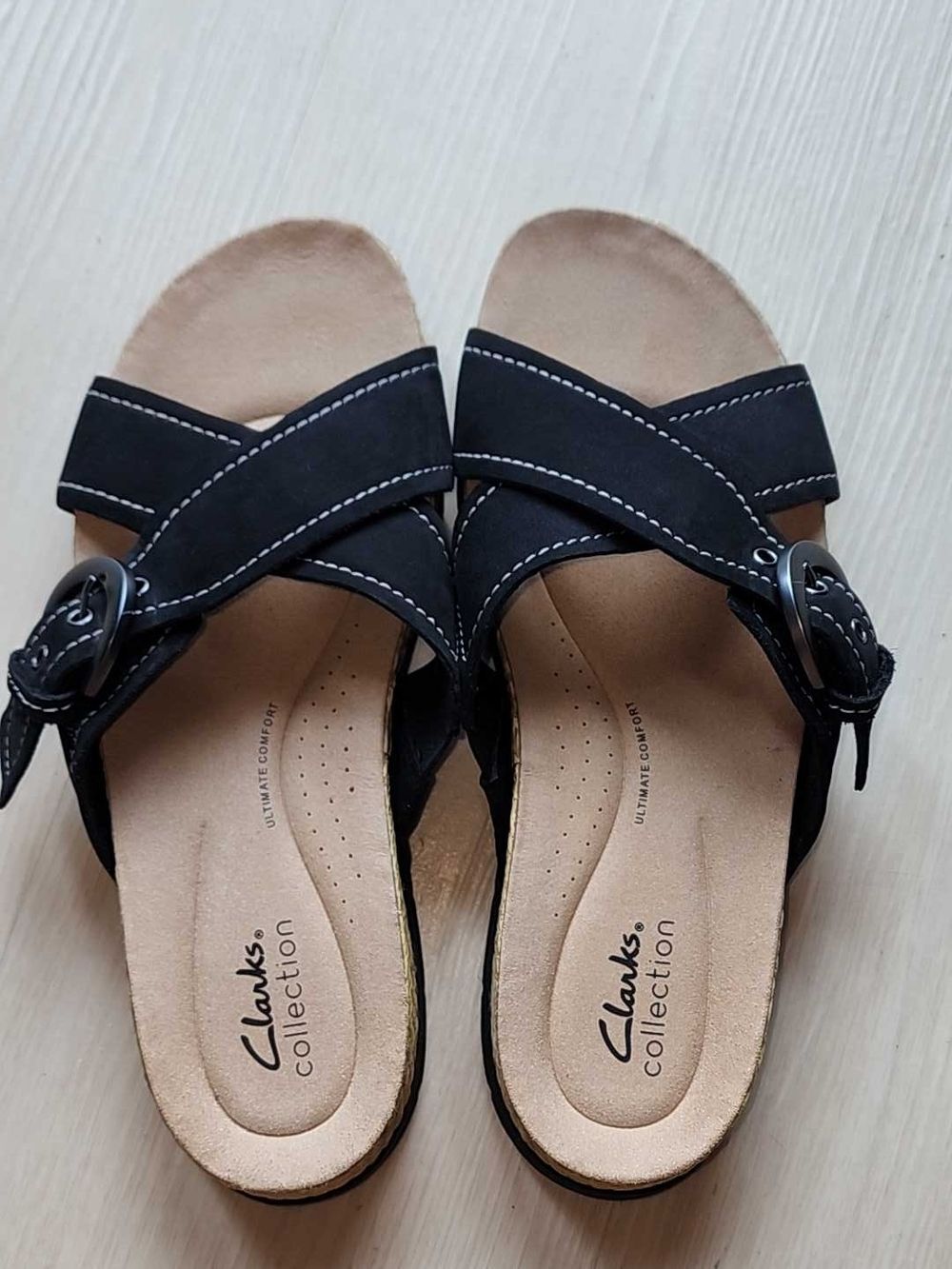 Clarks Black Cross-Strap Buckle Mules Size - 8.5 W